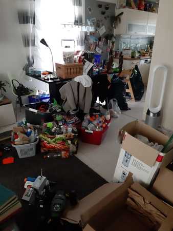 Unaufgeräumtes Wohnzimmer mit Umzugskartons, Spielzeug, Getränkeflaschen und Küchenutensilien.